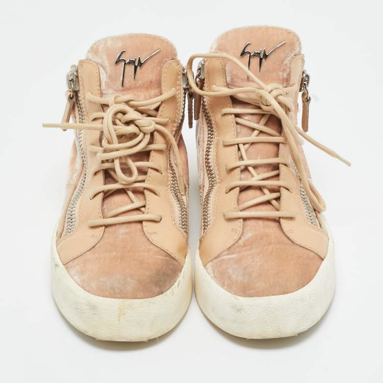 Pre Owned Giuseppe Zanotti Pink/Beige Leather and Patent Leather Mid Top Sneakers Size 37.5