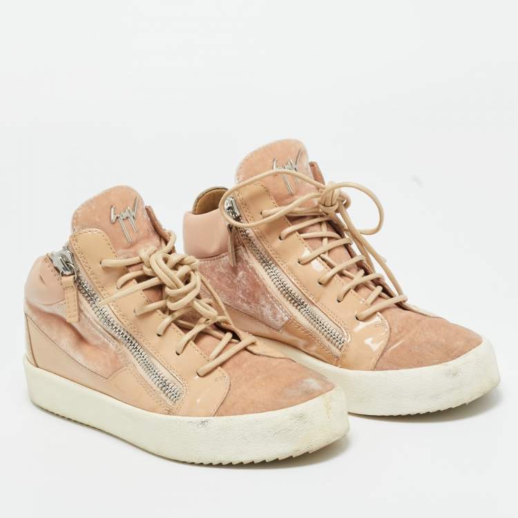 Pre Owned Giuseppe Zanotti Pink/Beige Leather and Patent Leather Mid Top Sneakers Size 37.5
