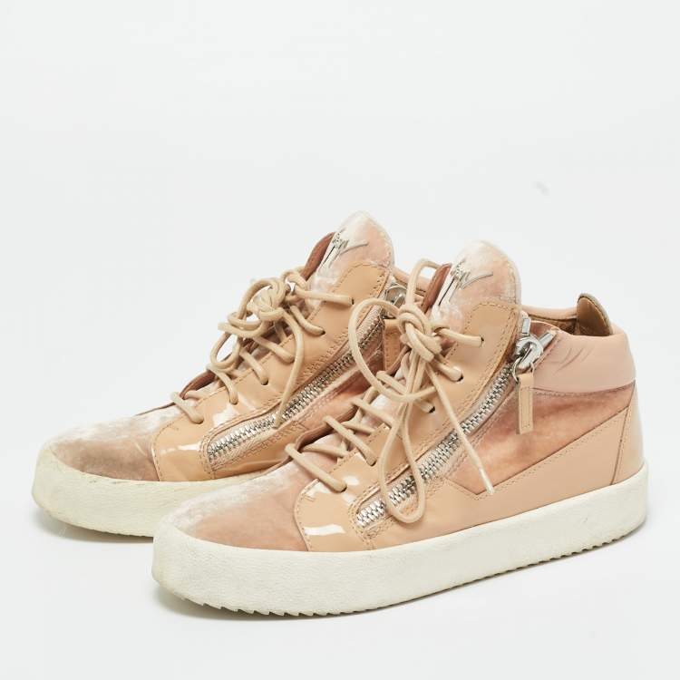 Pre Owned Giuseppe Zanotti Pink/Beige Leather and Patent Leather Mid Top Sneakers Size 37.5
