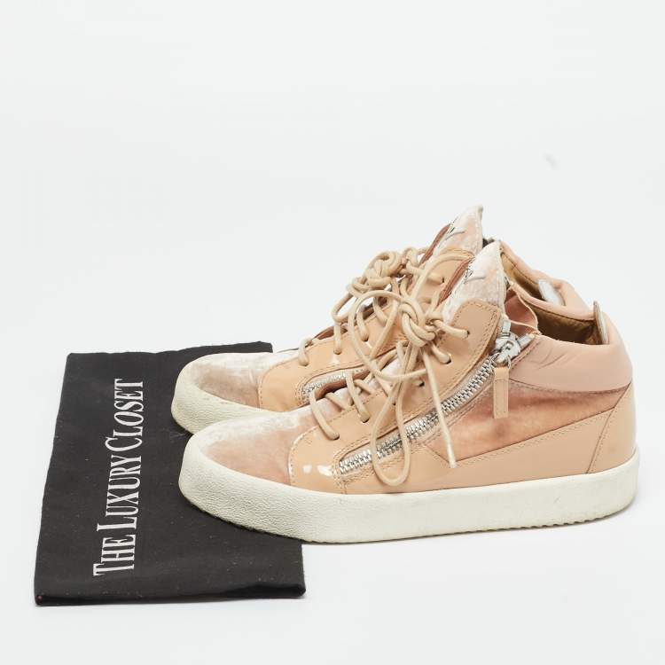 Pre Owned Giuseppe Zanotti Pink/Beige Leather and Patent Leather Mid Top Sneakers Size 37.5