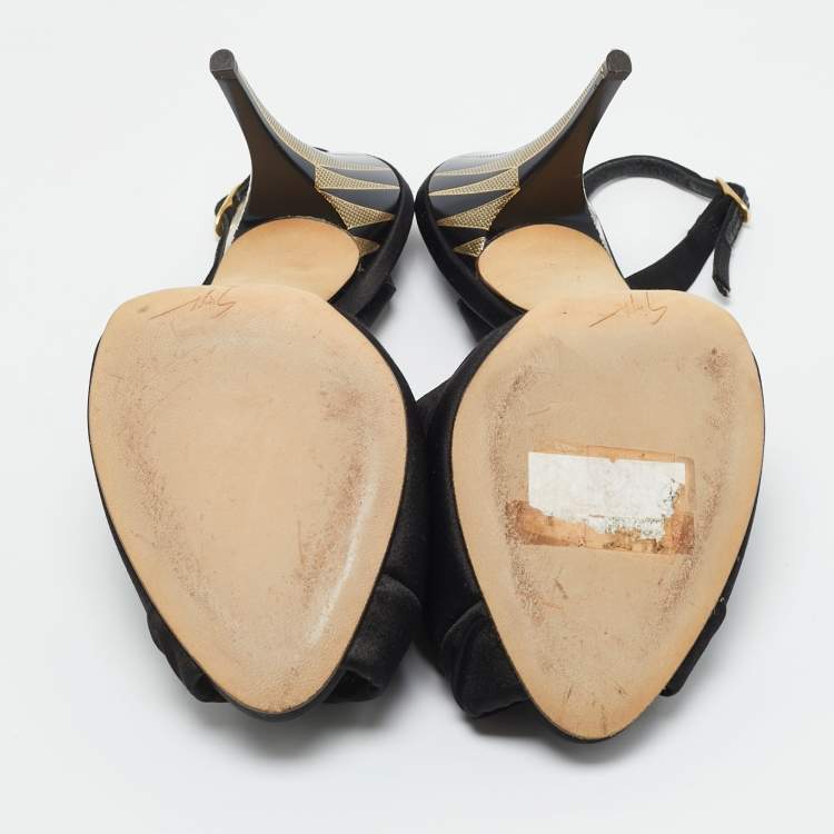 Pre Owned Giuseppe Zanotti Black Satin Bow Crystal Embellish Slingback Sandals Size 37.5