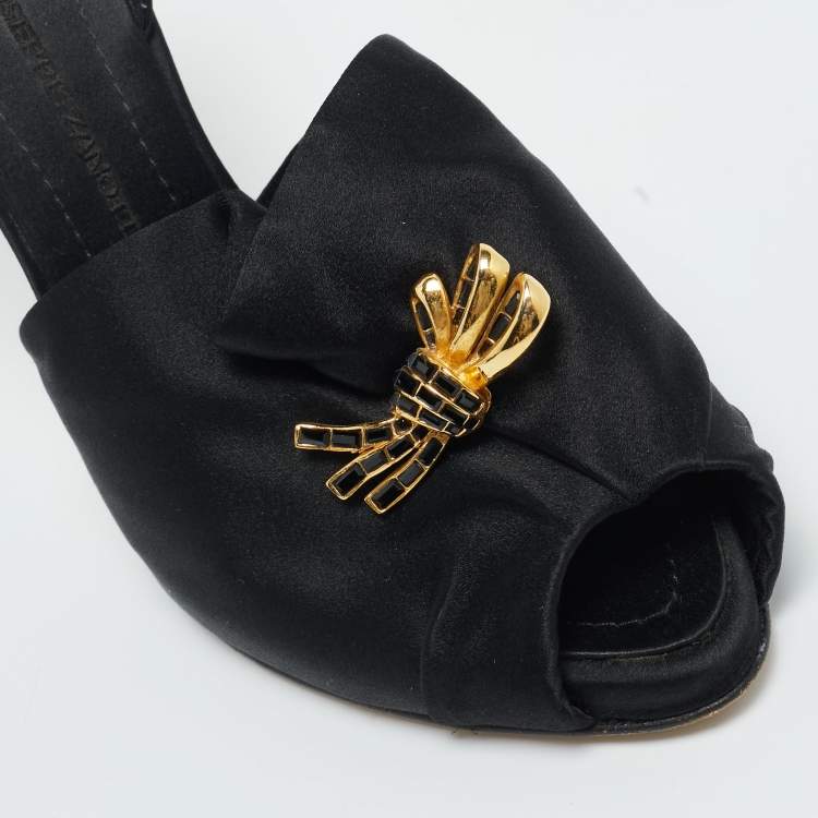 Pre Owned Giuseppe Zanotti Black Satin Bow Crystal Embellish Slingback Sandals Size 37.5
