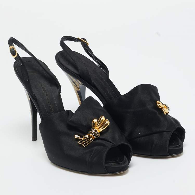 Pre Owned Giuseppe Zanotti Black Satin Bow Crystal Embellish Slingback Sandals Size 37.5