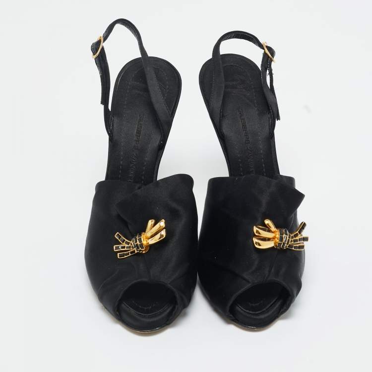 Pre Owned Giuseppe Zanotti Black Satin Bow Crystal Embellish Slingback Sandals Size 37.5