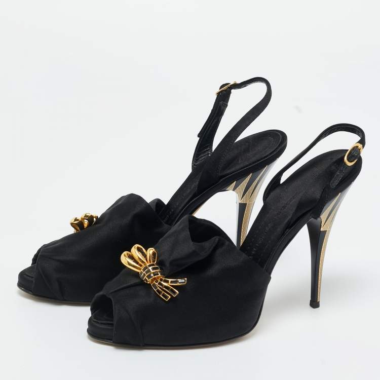 Pre Owned Giuseppe Zanotti Black Satin Bow Crystal Embellish Slingback Sandals Size 37.5