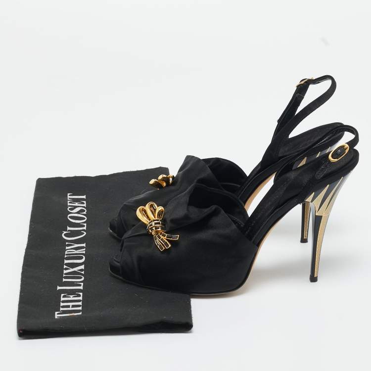 Pre Owned Giuseppe Zanotti Black Satin Bow Crystal Embellish Slingback Sandals Size 37.5