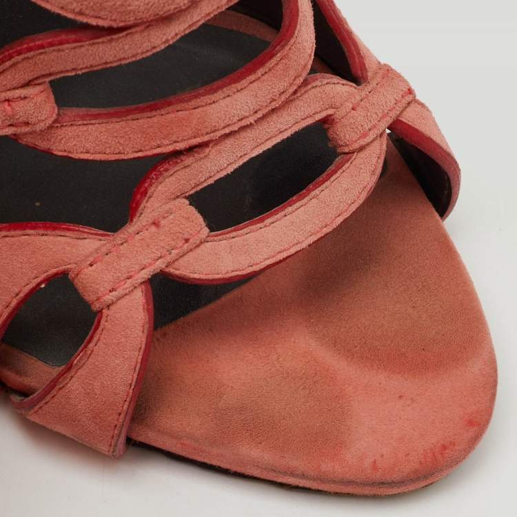 Pre Owned Giuseppe Zanotti Peach Orange Suede Cut Our Caged Ankle Strap Sandals Size 38