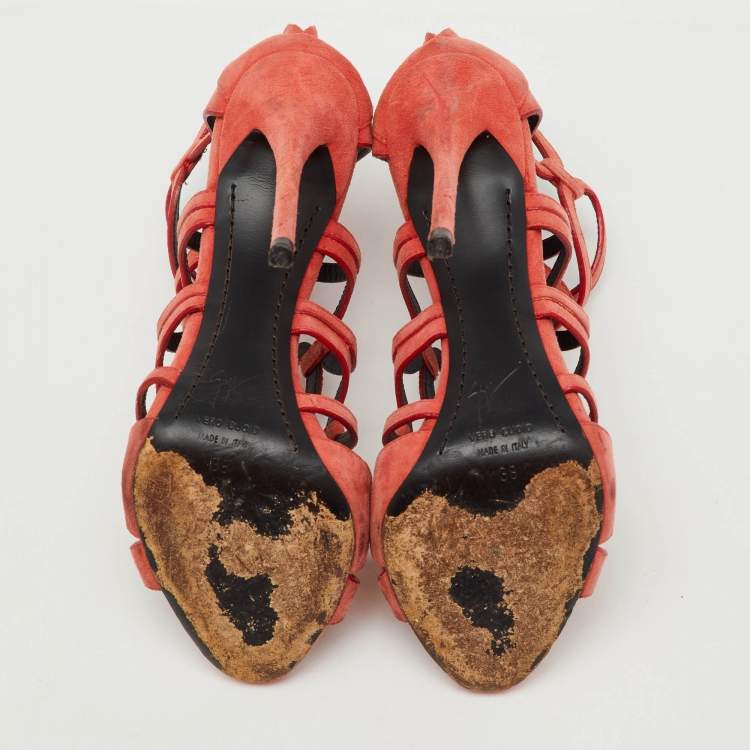 Pre Owned Giuseppe Zanotti Peach Orange Suede Cut Our Caged Ankle Strap Sandals Size 38