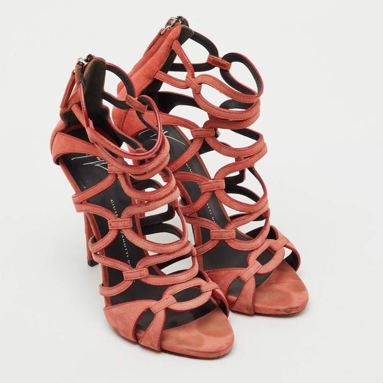 Pre Owned Giuseppe Zanotti Peach Orange Suede Cut Our Caged Ankle Strap Sandals Size 38