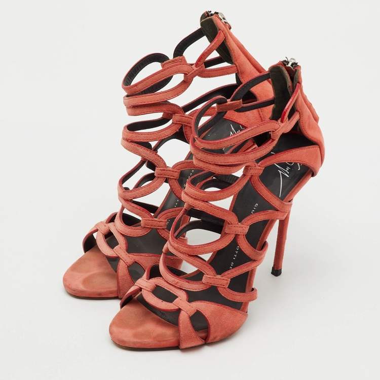 Pre Owned Giuseppe Zanotti Peach Orange Suede Cut Our Caged Ankle Strap Sandals Size 38