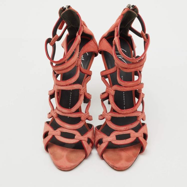 Pre Owned Giuseppe Zanotti Peach Orange Suede Cut Our Caged Ankle Strap Sandals Size 38