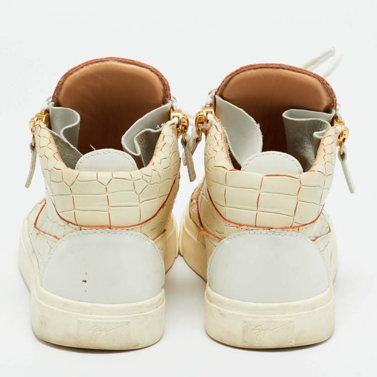 Pre Owned Giuseppe Zanotti Beige/White Croc Embossed and Leather Kriss High Top Sneakers Size 37
