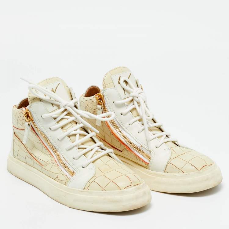 Pre Owned Giuseppe Zanotti Beige/White Croc Embossed and Leather Kriss High Top Sneakers Size 37
