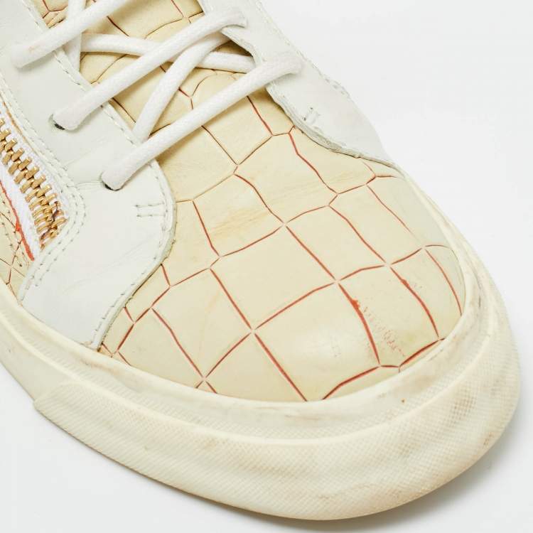 Pre Owned Giuseppe Zanotti Beige/White Croc Embossed and Leather Kriss High Top Sneakers Size 37