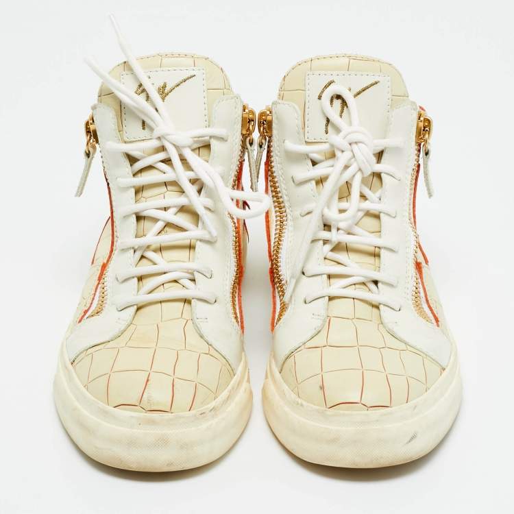 Pre Owned Giuseppe Zanotti Beige/White Croc Embossed and Leather Kriss High Top Sneakers Size 37