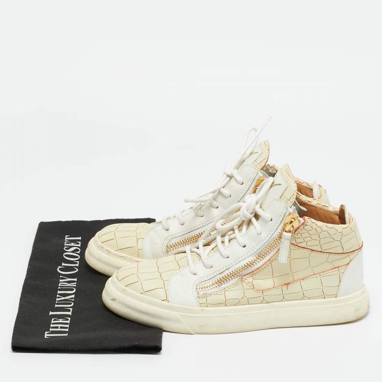 Pre Owned Giuseppe Zanotti Beige/White Croc Embossed and Leather Kriss High Top Sneakers Size 37