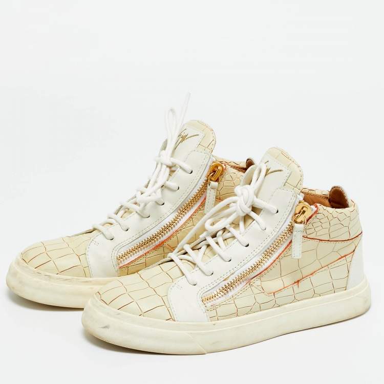 Pre Owned Giuseppe Zanotti Beige/White Croc Embossed and Leather Kriss High Top Sneakers Size 37