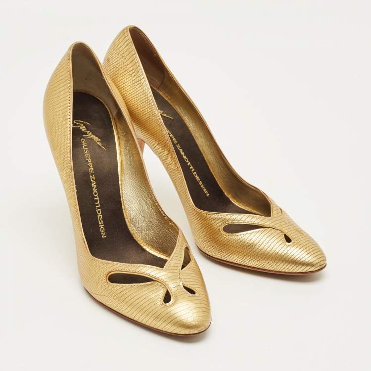 Pre Owned Giuseppe Zanotti Metallic Gold Lizard Embossed Leather Cut Out Pumps Size 37.5