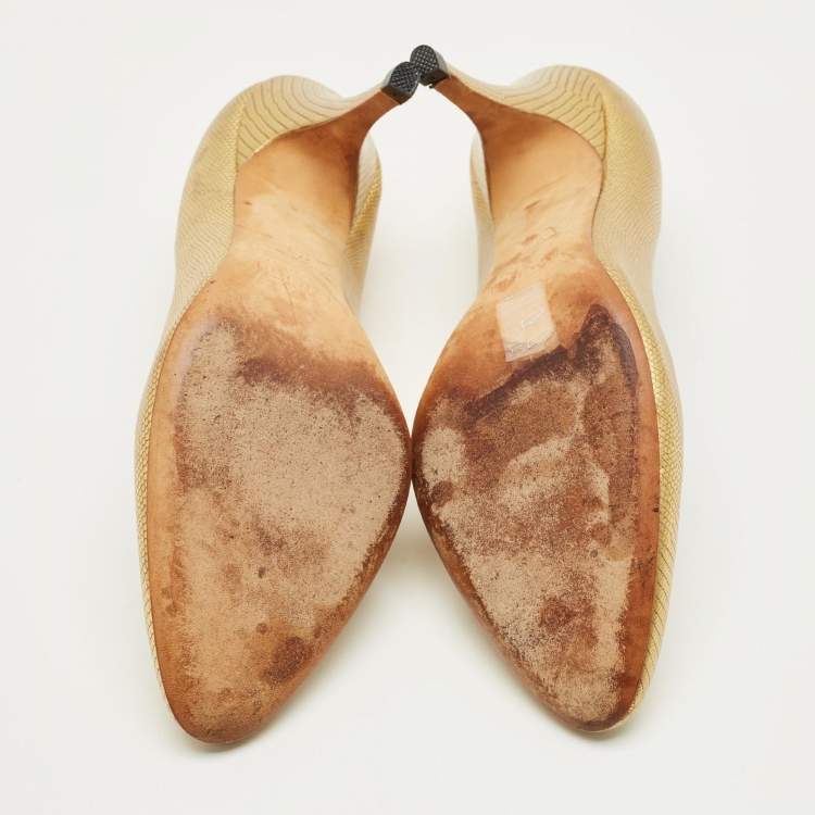 Pre Owned Giuseppe Zanotti Metallic Gold Lizard Embossed Leather Cut Out Pumps Size 37.5