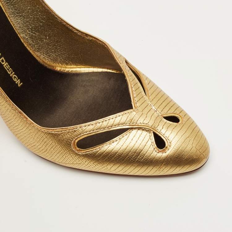 Pre Owned Giuseppe Zanotti Metallic Gold Lizard Embossed Leather Cut Out Pumps Size 37.5