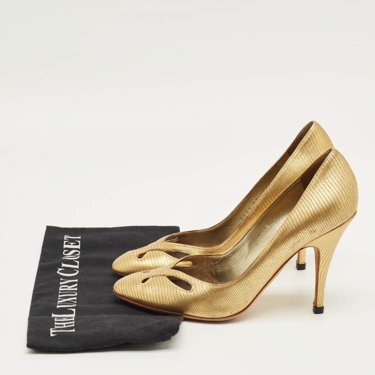 Pre Owned Giuseppe Zanotti Metallic Gold Lizard Embossed Leather Cut Out Pumps Size 37.5