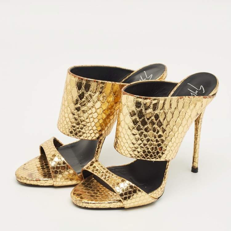 Pre Owned Giuseppe Zanotti Gold Python Embossed Leather Andrea Slide Sandals Size 40