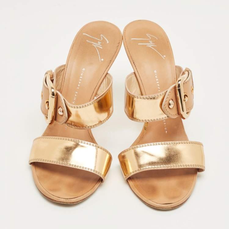 Pre Owned Giuseppe Zanotti Gold Leather Buckle Slide Sandals Size 39.5