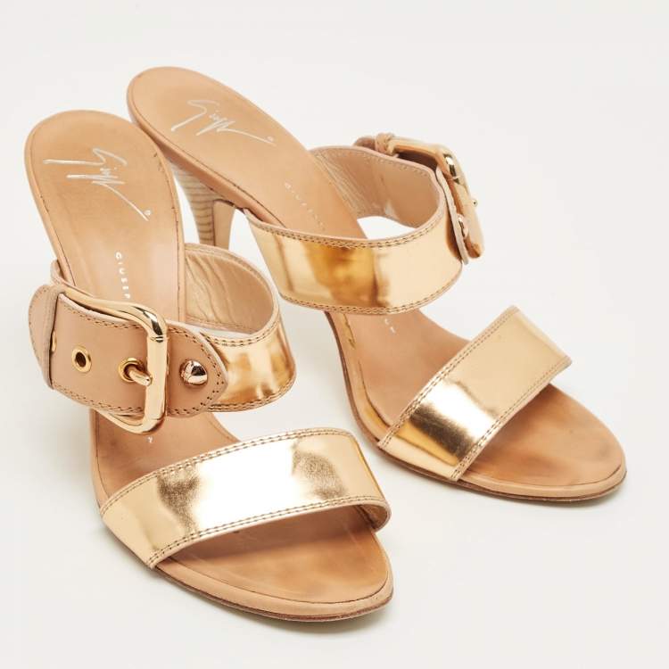 Pre Owned Giuseppe Zanotti Gold Leather Buckle Slide Sandals Size 39.5