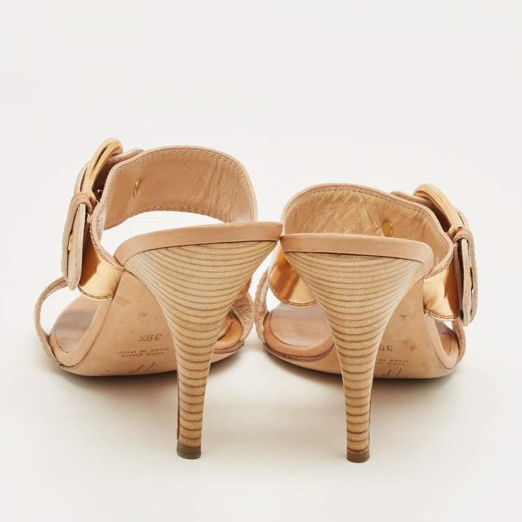 Pre Owned Giuseppe Zanotti Gold Leather Buckle Slide Sandals Size 39.5
