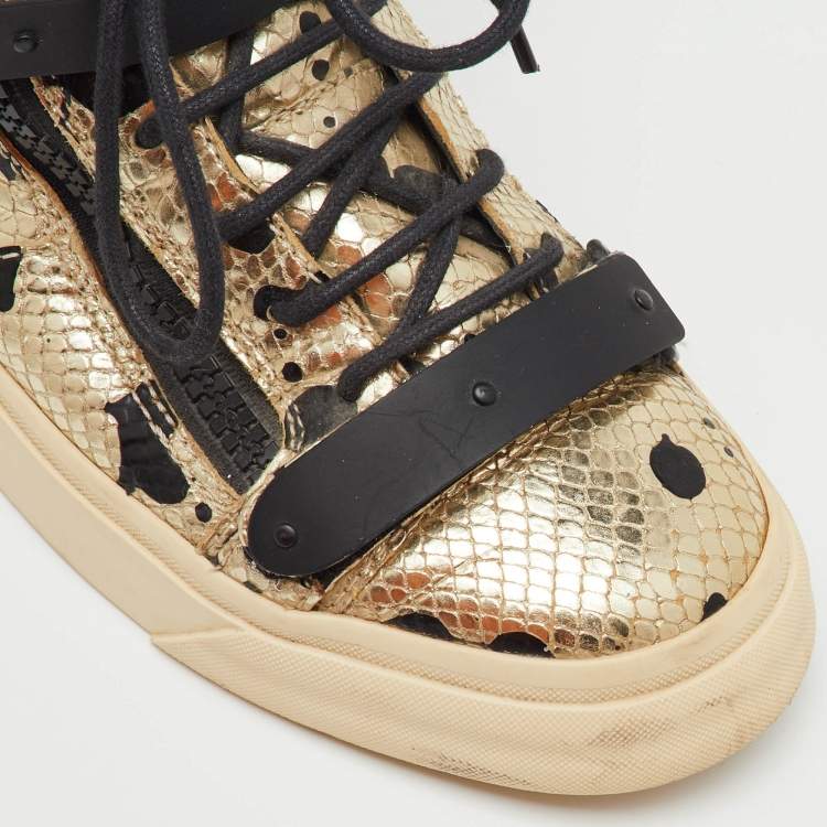 Pre Owned Giuseppe Zanotti Gold/Black Python Embossed Leather Coby High Top Sneakers Size 39
