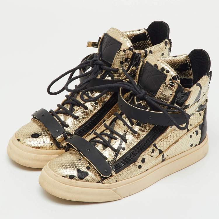 Pre Owned Giuseppe Zanotti Gold/Black Python Embossed Leather Coby High Top Sneakers Size 39