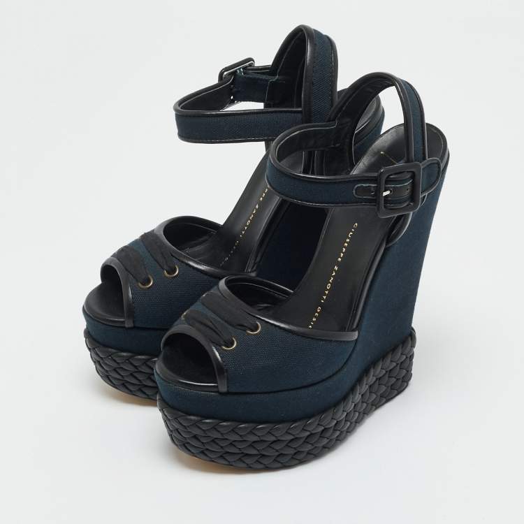 Pre Owned Giuseppe Zanotti Navy Blue/Black Canvas and Leather Ankle Strap Wedge Sandals Size 36