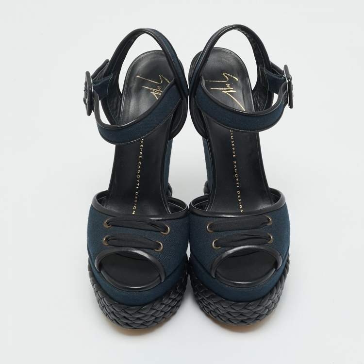 Pre Owned Giuseppe Zanotti Navy Blue/Black Canvas and Leather Ankle Strap Wedge Sandals Size 36
