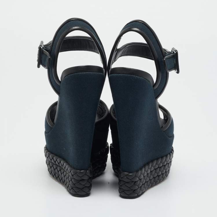 Pre Owned Giuseppe Zanotti Navy Blue/Black Canvas and Leather Ankle Strap Wedge Sandals Size 36