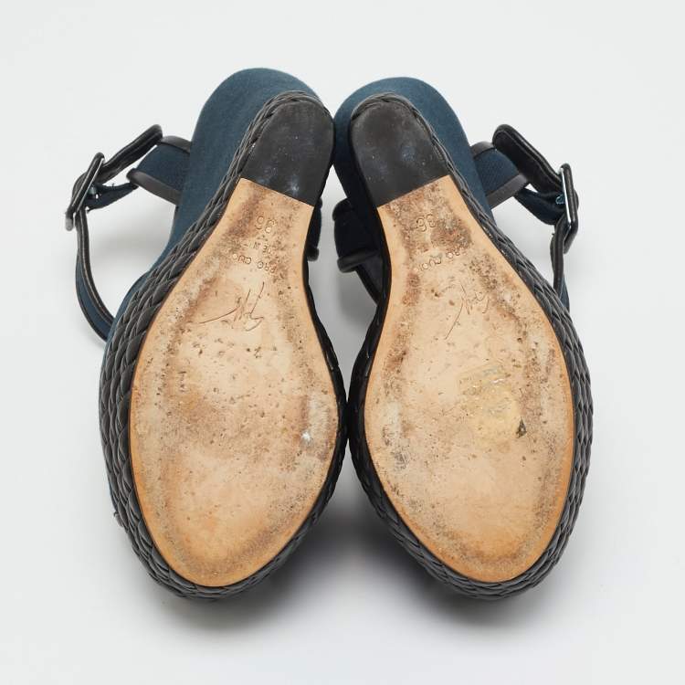 Pre Owned Giuseppe Zanotti Navy Blue/Black Canvas and Leather Ankle Strap Wedge Sandals Size 36