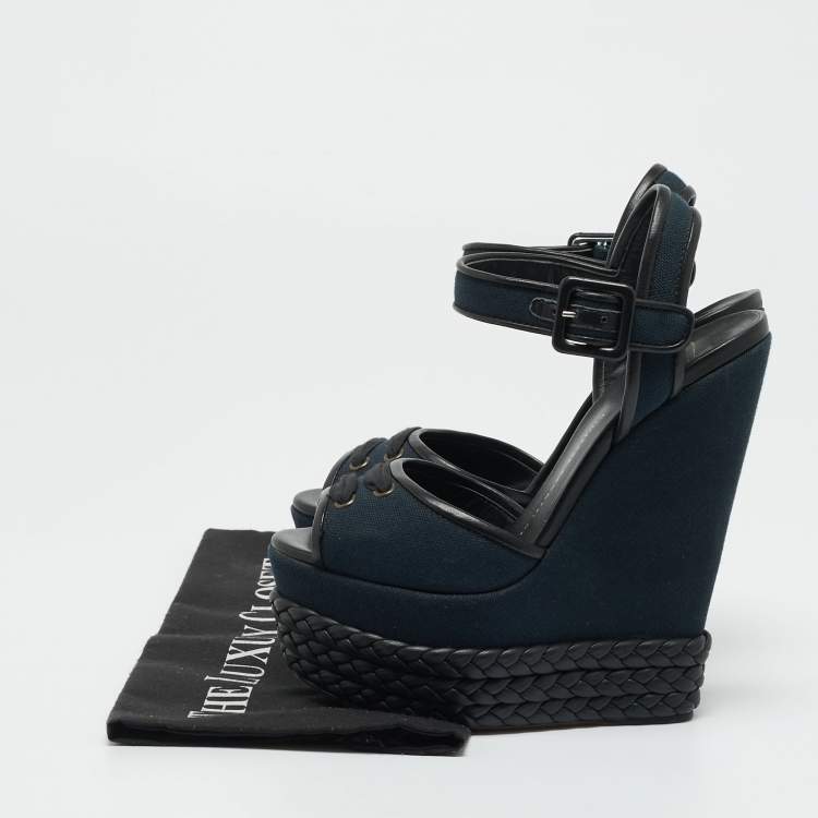 Pre Owned Giuseppe Zanotti Navy Blue/Black Canvas and Leather Ankle Strap Wedge Sandals Size 36