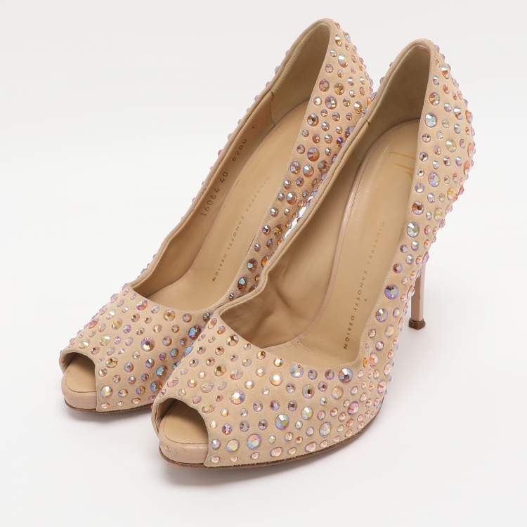 Pre Owned Giuseppe Zanotti Beige Suede Crystal Embellished Peep Toe Pumps Size 40