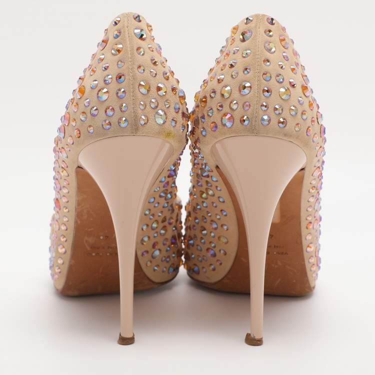 Pre Owned Giuseppe Zanotti Beige Suede Crystal Embellished Peep Toe Pumps Size 40