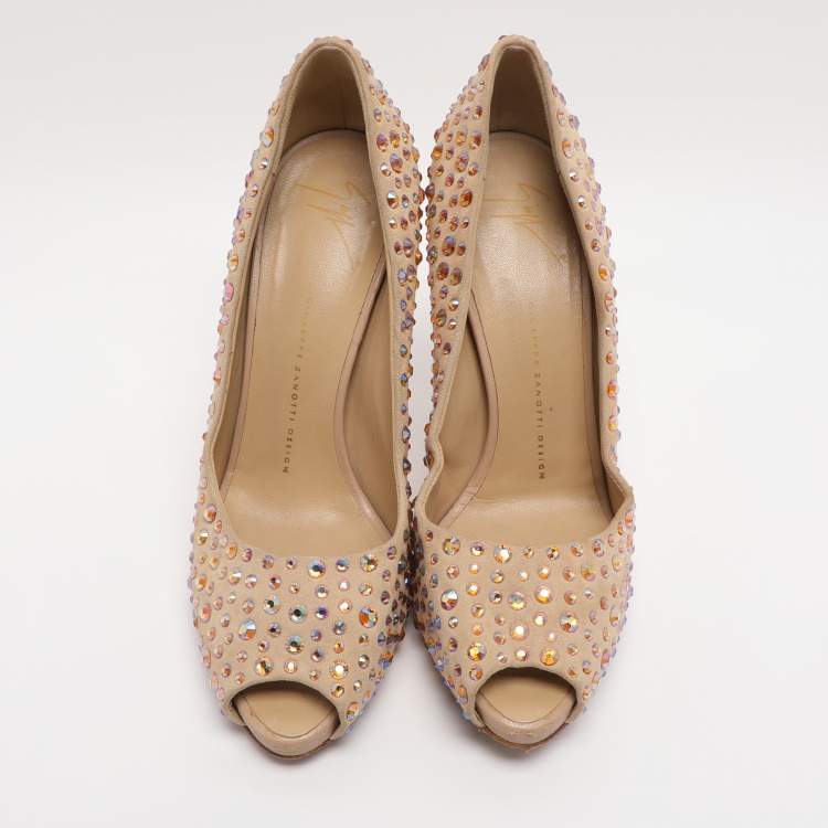 Pre Owned Giuseppe Zanotti Beige Suede Crystal Embellished Peep Toe Pumps Size 40