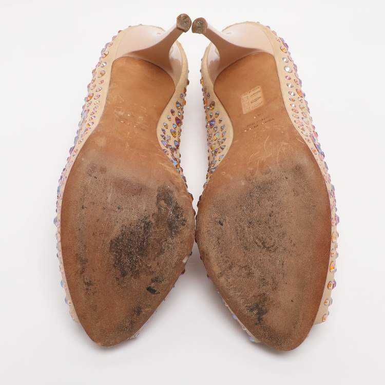 Pre Owned Giuseppe Zanotti Beige Suede Crystal Embellished Peep Toe Pumps Size 40