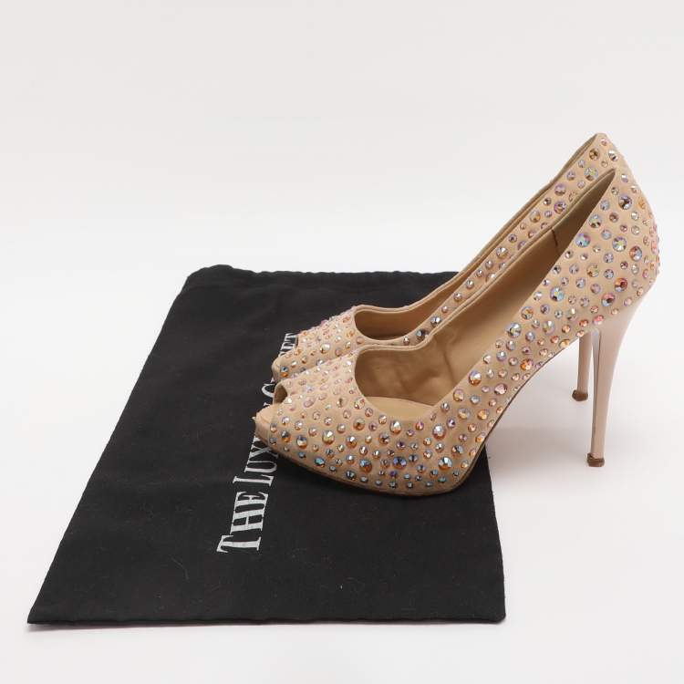 Pre Owned Giuseppe Zanotti Beige Suede Crystal Embellished Peep Toe Pumps Size 40