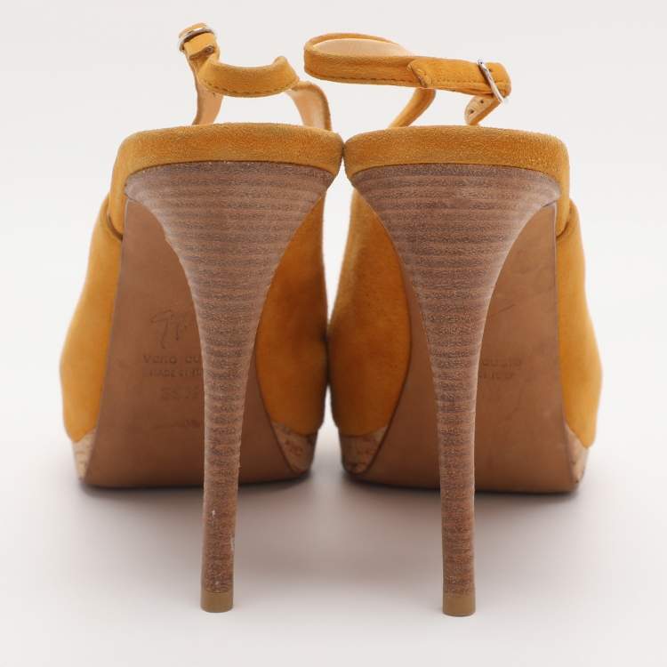 Pre Owned Giuseppe Zanotti Yellow Suede Slingback Platform Pumps Size 39.5