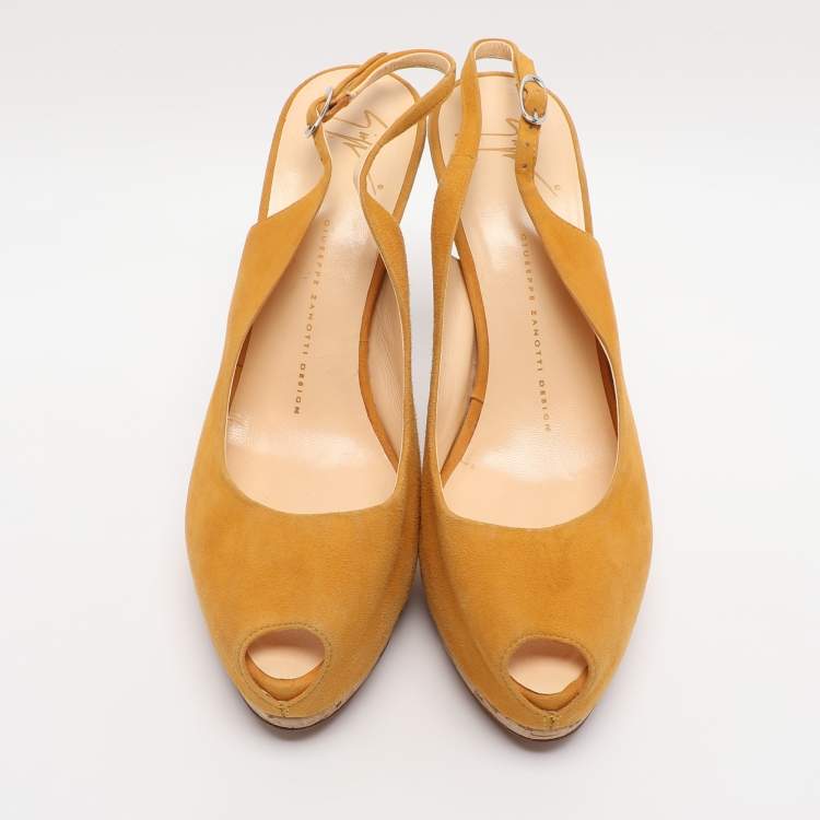 Pre Owned Giuseppe Zanotti Yellow Suede Slingback Platform Pumps Size 39.5