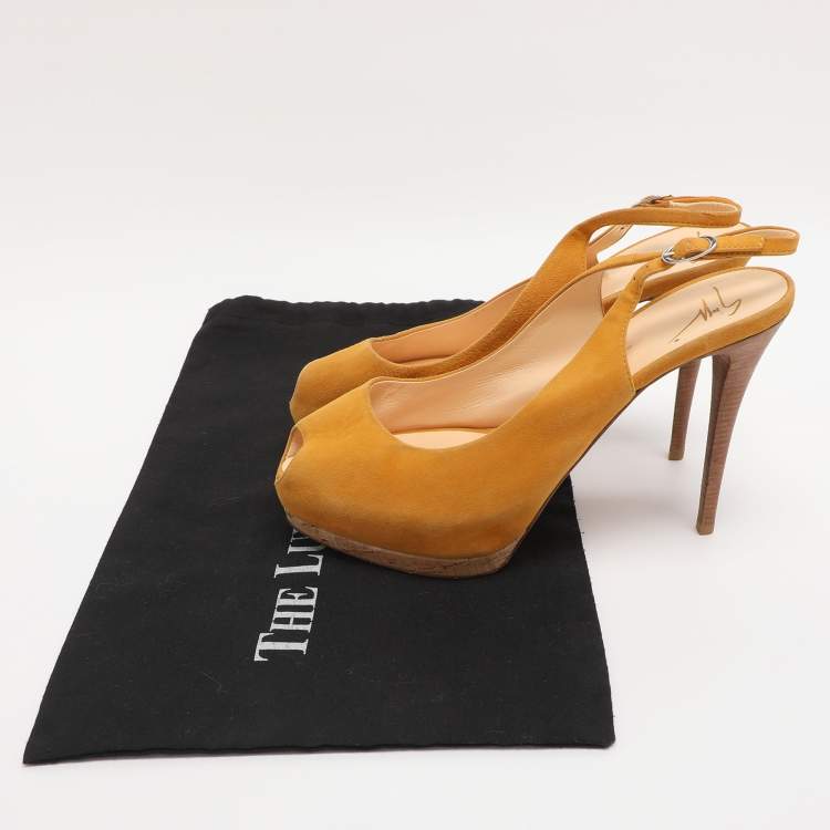 Pre Owned Giuseppe Zanotti Yellow Suede Slingback Platform Pumps Size 39.5