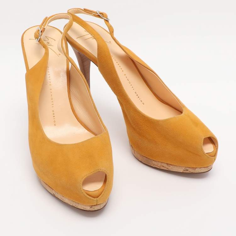 Pre Owned Giuseppe Zanotti Yellow Suede Slingback Platform Pumps Size 39.5