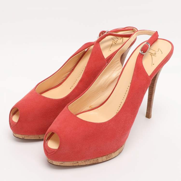 Pre Owned Giuseppe Zanotti Red Suede Slingback Platform Pumps Size 40