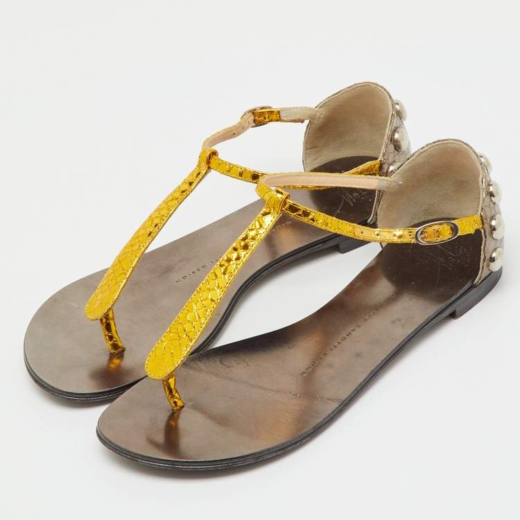 Pre Owned Giuseppe Zanotti Metallic Yellow/Grey Python Embossed Leather Flat Thong Sandals Size 36