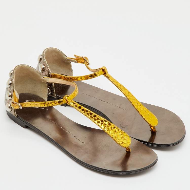 Pre Owned Giuseppe Zanotti Metallic Yellow/Grey Python Embossed Leather Flat Thong Sandals Size 36