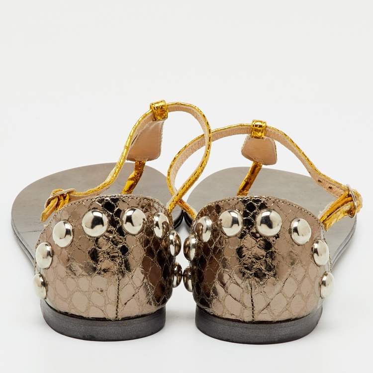 Pre Owned Giuseppe Zanotti Metallic Yellow/Grey Python Embossed Leather Flat Thong Sandals Size 36