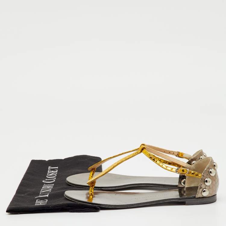 Pre Owned Giuseppe Zanotti Metallic Yellow/Grey Python Embossed Leather Flat Thong Sandals Size 36